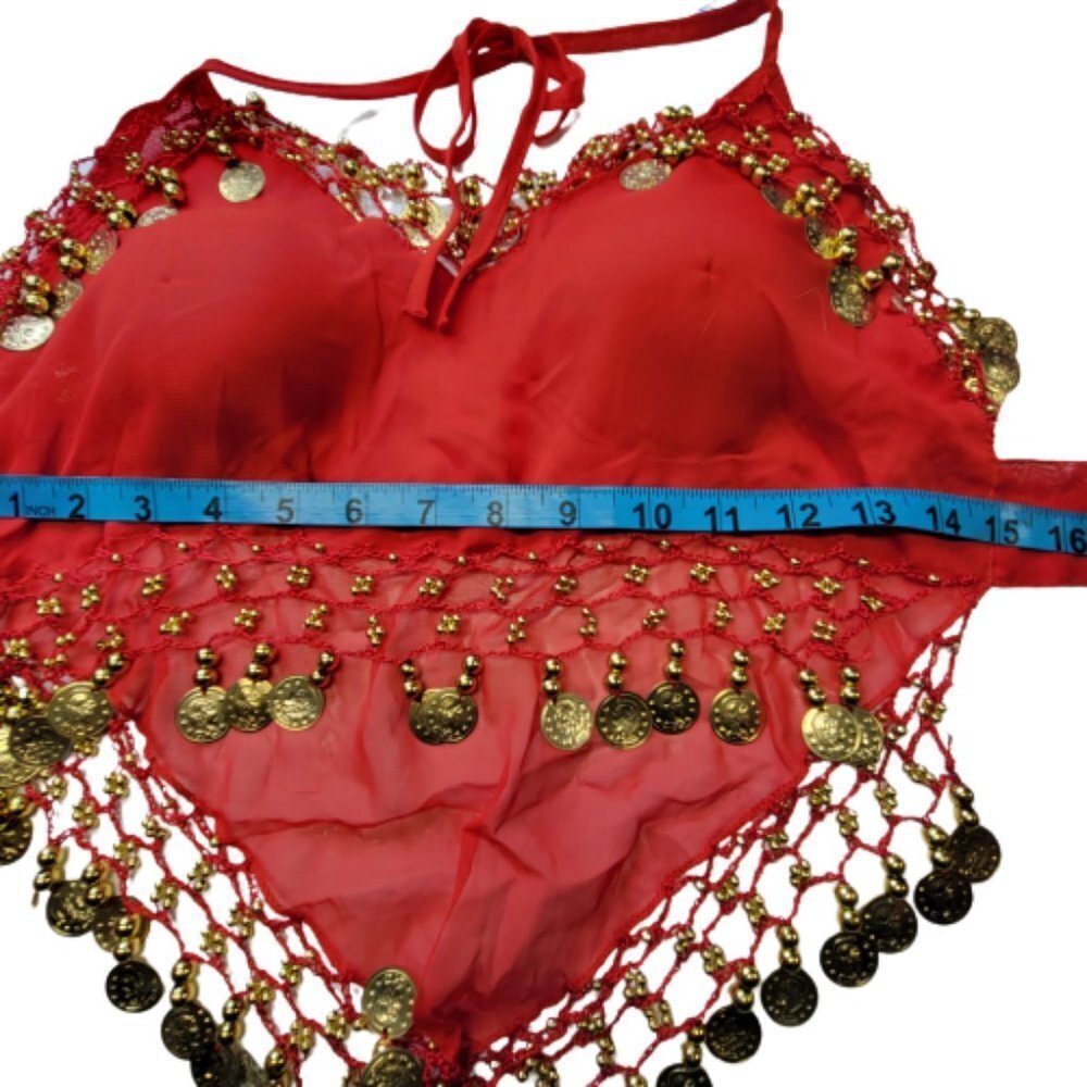 Red Belly Dancing Top Crocheted with Gold Beads Coins Halter Crop Top - NEW ! - Picture 5 of 6
